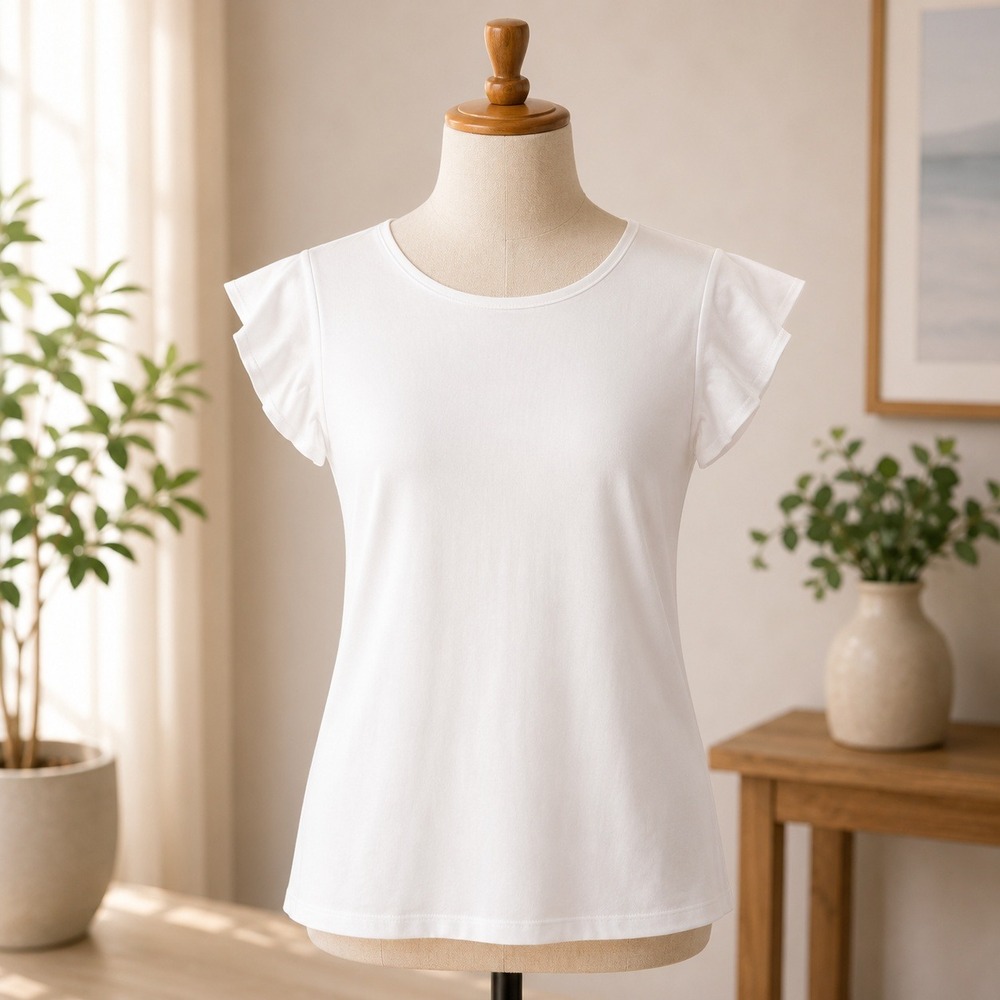 NWT T Tahari Flutter Sleeve Top Womens L White Round Neck Solid Casual Blouse